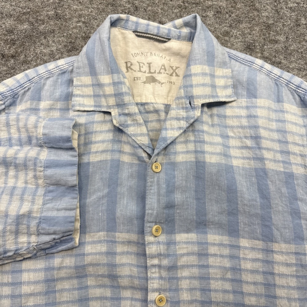 Tommy Bahama linen shirt men's medium blue white plaid short sleeve coastal